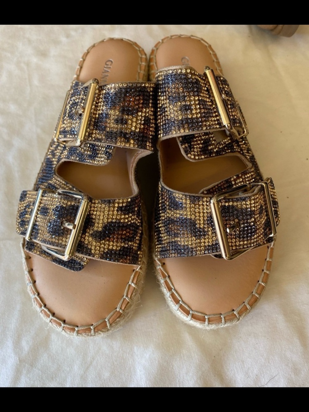 Gianni Bini Leopard Print Crystal Double-Buckle Slide Sandals - Brown/Gold/Black